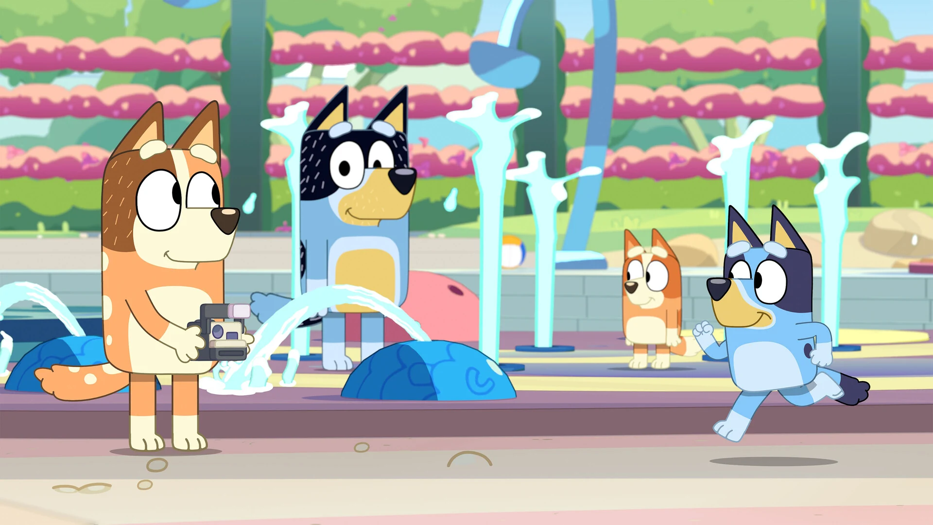 Bluey and her family taking photos at a water playground.
