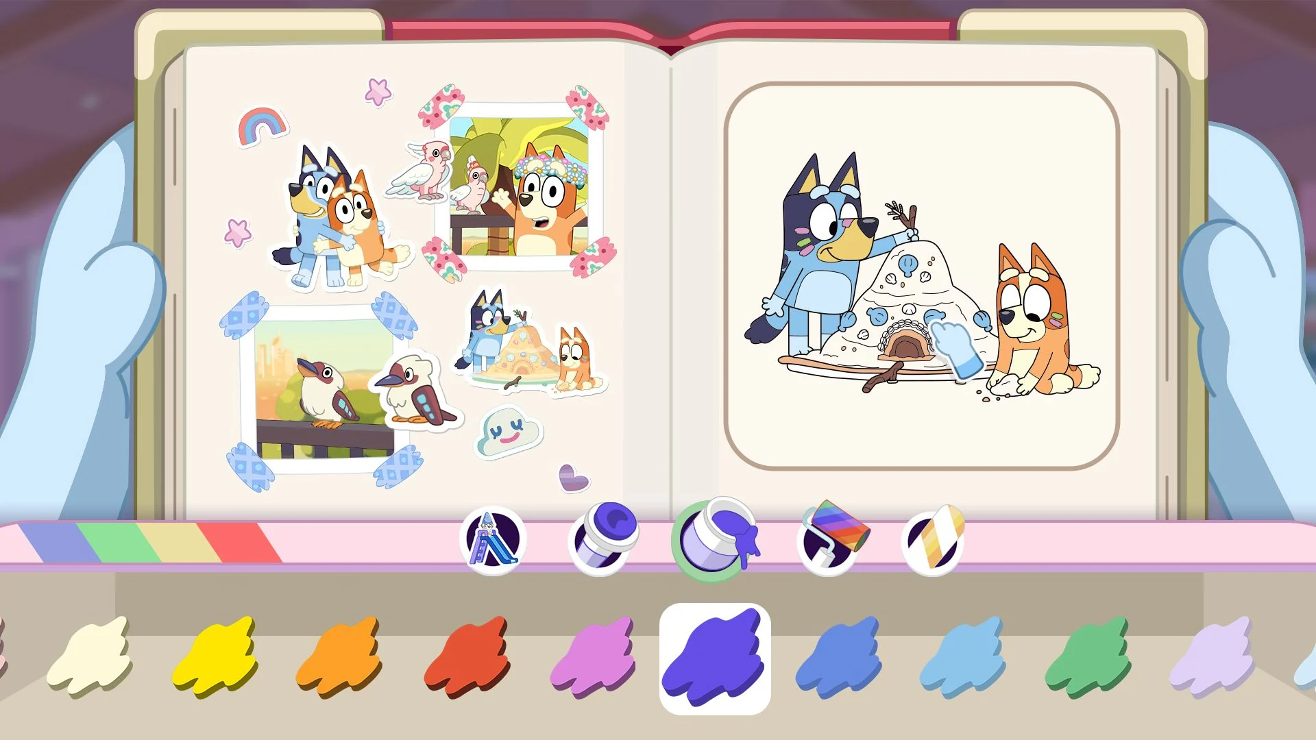 A scrapbook decorated with Bluey photographs and colorful stickers.